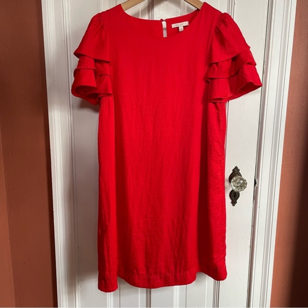 Skies are Blue Red Dress Sheath Mini Flutter Sleeve Small Tomato Red Crinkle